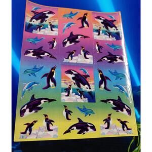 Vintage Lisa Frank Sticker Sheet, Marine Life, Orcas, Dolphins, Penguin, 90s USA